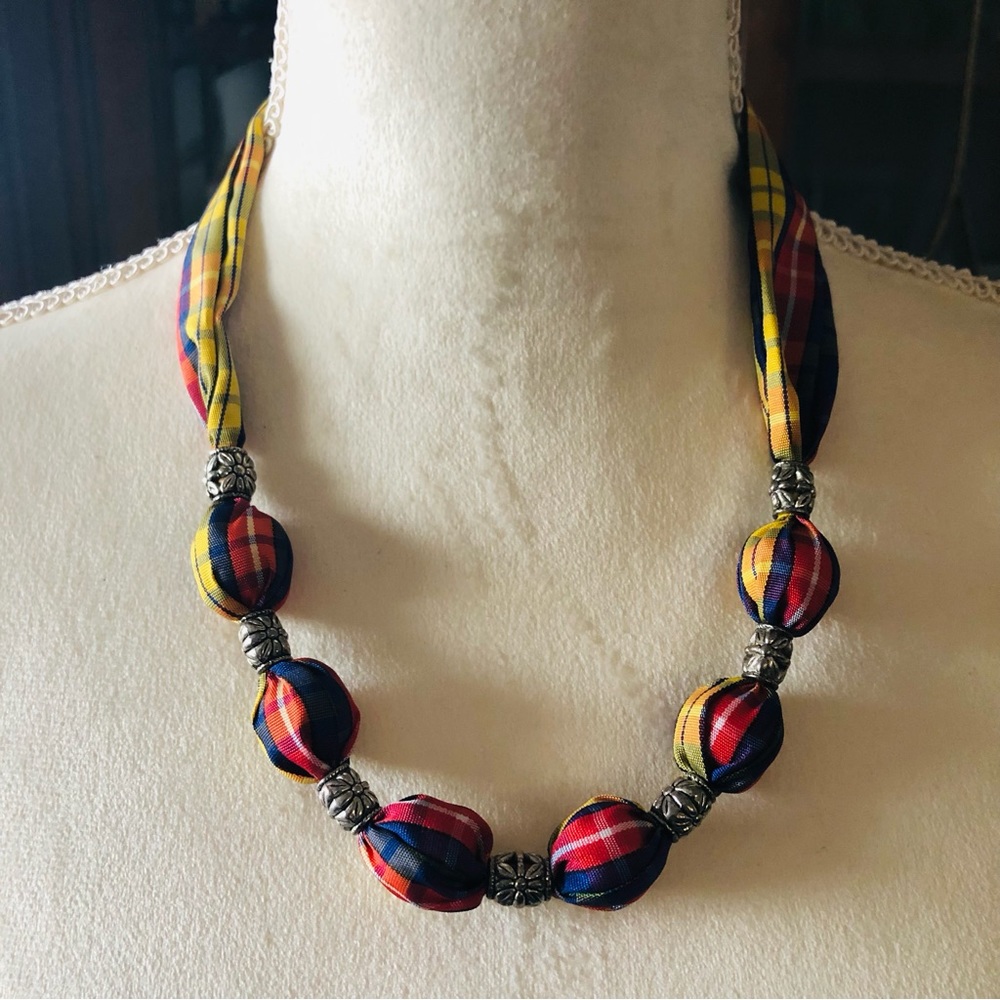 Country Girl red yellow & blue plaid fabric covered bead necklace